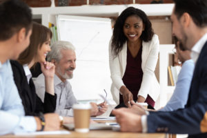 Business colleagues talking together